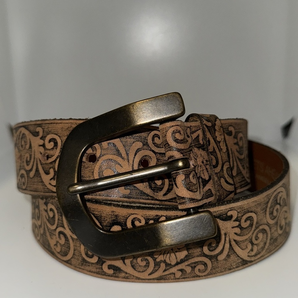 STREETS AHEAD Boho Filagree Tooled Brown Leather Belt Women’s M Medium